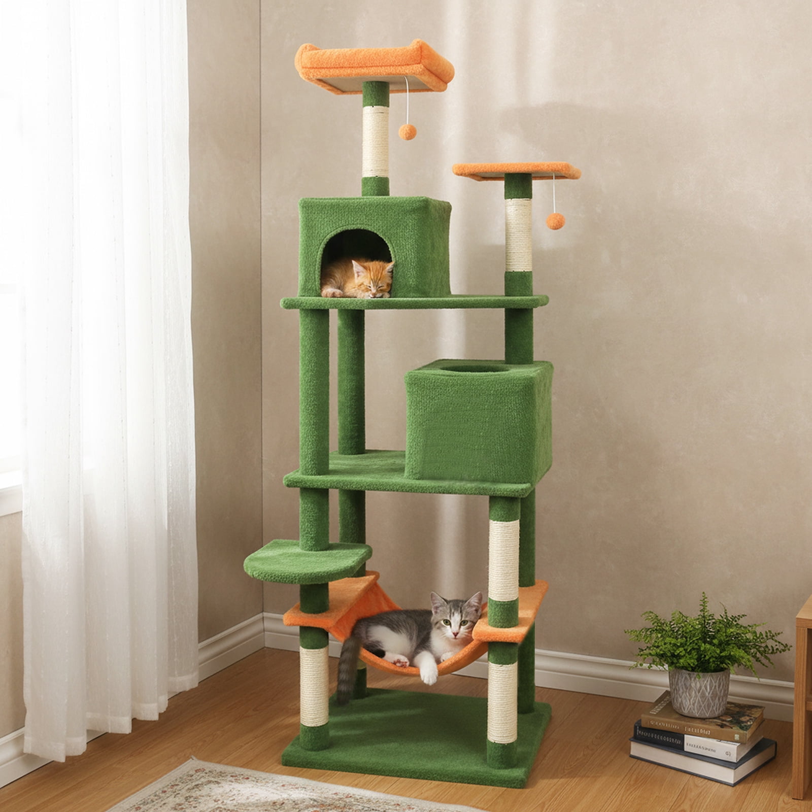 Costway 70” Cat Tree for Indoor Cats with Padded Top Perch, Dual Condos, Hammock, Platforms Green