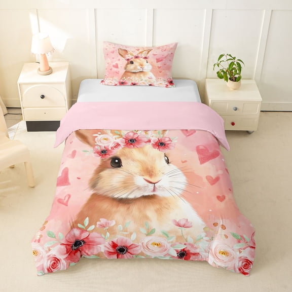 Erosebridal Kawaii Rabbit Twin Bedding For Kids,Love Heart Flowers Duvet Cover Set For Girls,Pink Reversible,2pcs,No Comforter