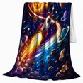 thumbnail image 2 of Retro Rocket Ship Blast-Off Adventure, Peaceful Mountain Lake Scene, Warm Flannel Blanket for Cabin and Lodge, Outdoor Lovers Valentine's Day Gift, Rustic Home Decor, 2 of 9