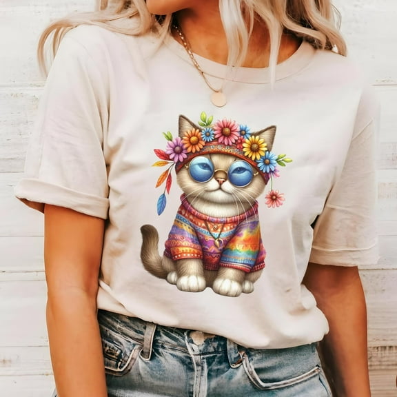 Boho Hippie Cat Shirt, Vintage Floral Cat Tee, Cute Cat Mom Gift, Aesthetic Cat Lover T-Shirt, Trendy Retro Graphic Tee