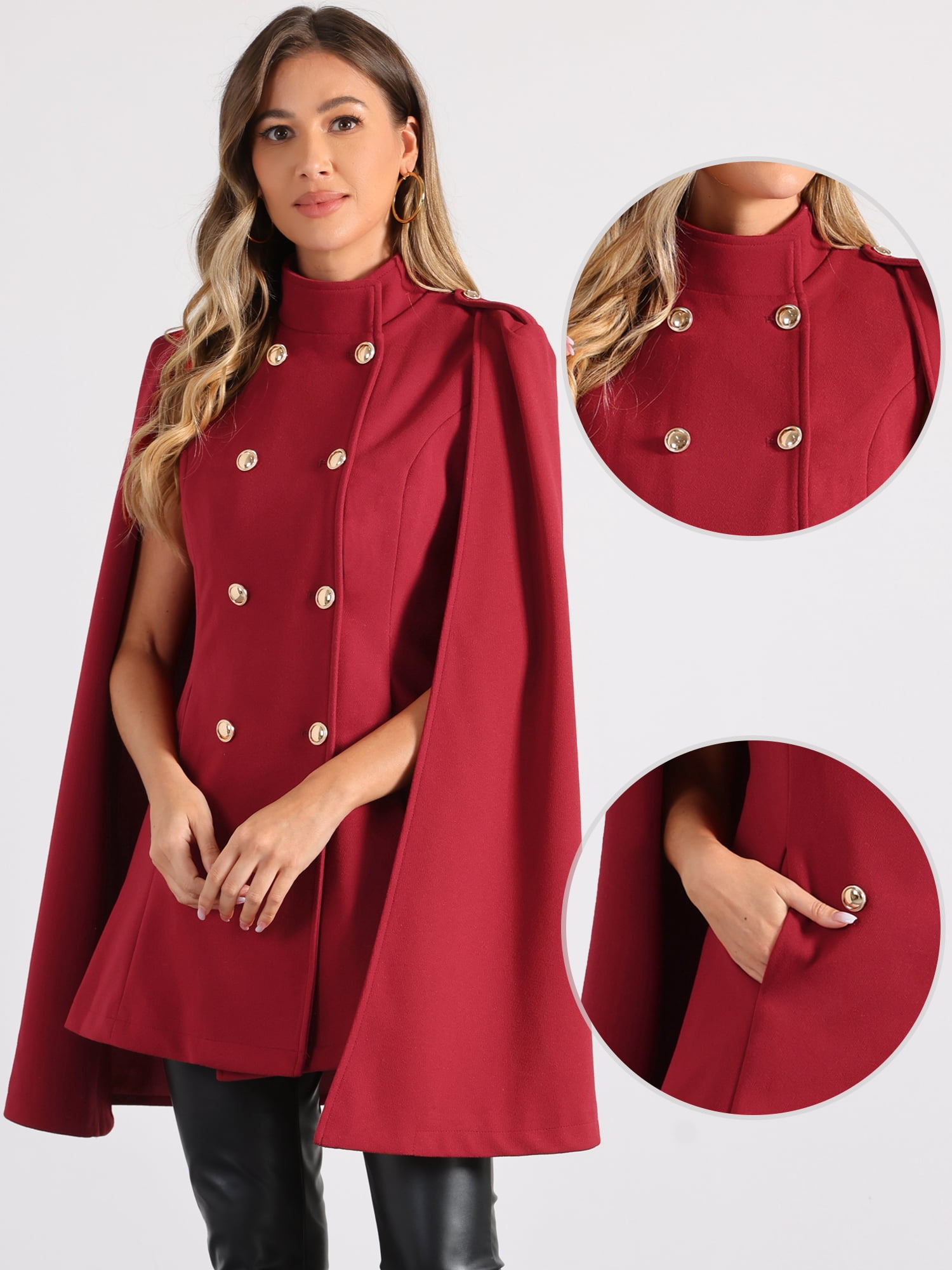 DARING DIVA Women's Winter Slit Sleeve Double Breasted Cloak Coat Burgundy S