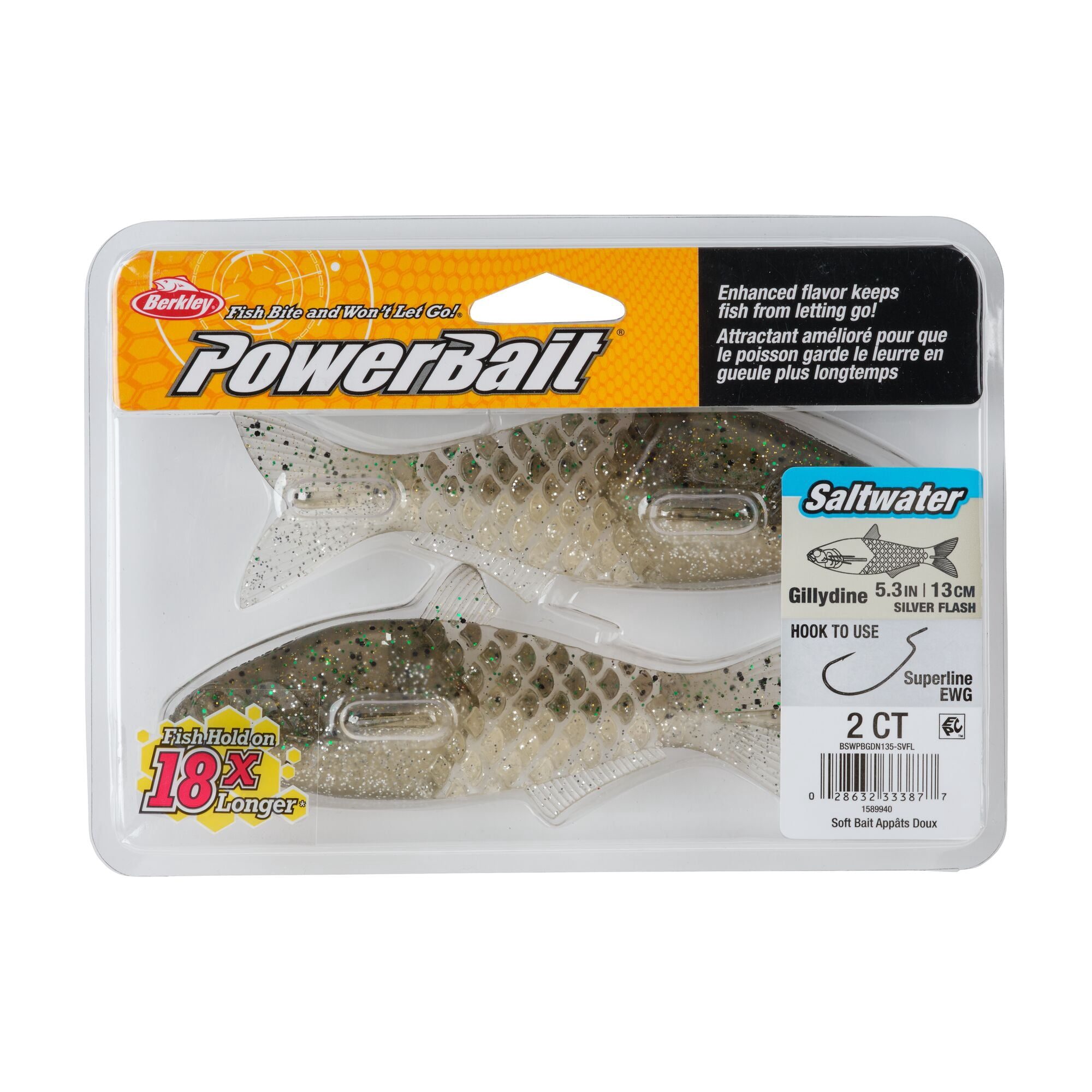 Berkley PowerBait® Saltwater Gillydine, 5.3 in, Swimbaits, Silver Flash (2-count)