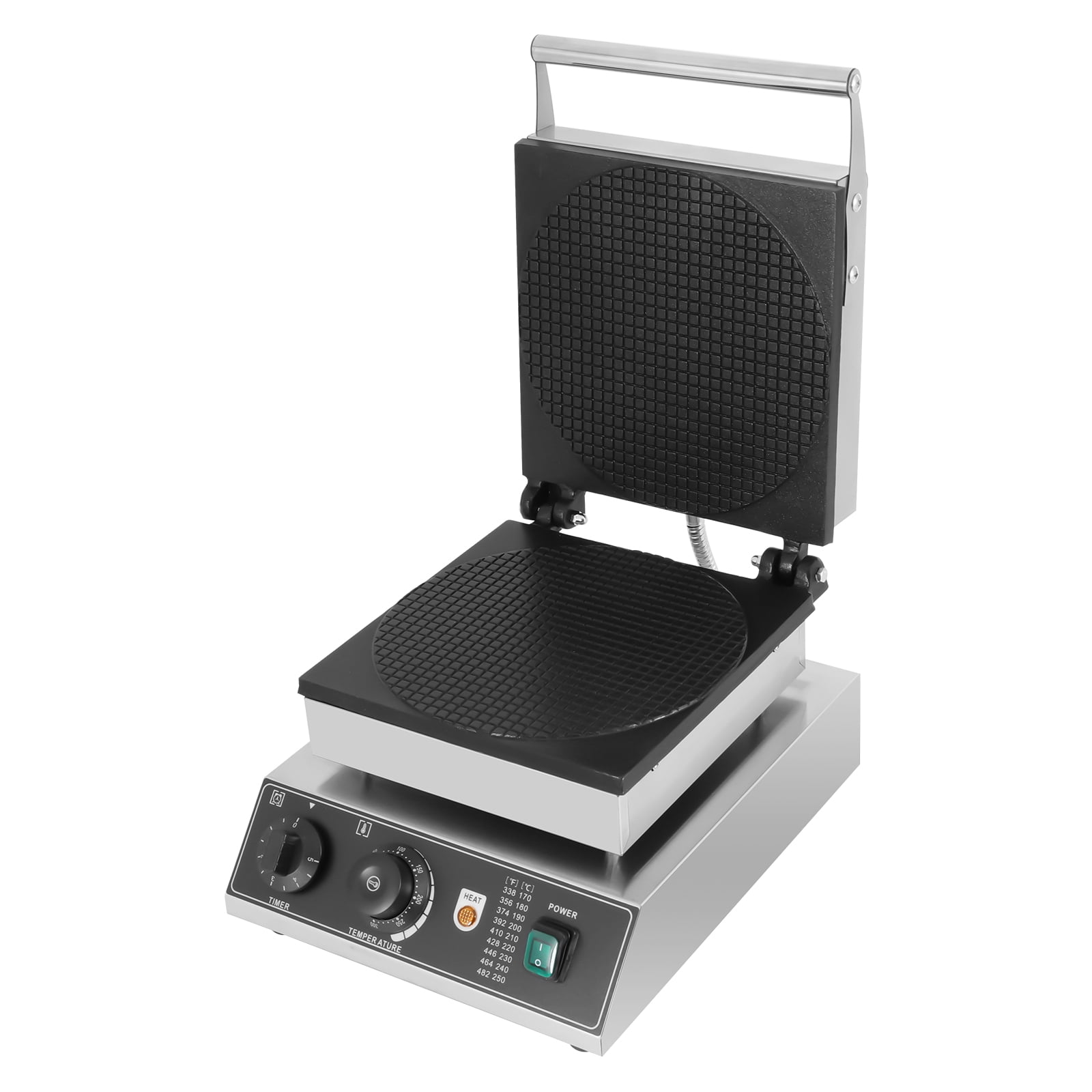 Commercial Waffle Maker, 1500W, Adjustable Temp (50-300℃) & Timer (0-5 Min), Non-Stick Teflon Coating, Stainless Steel, for Ice Cream Cones & Waffles