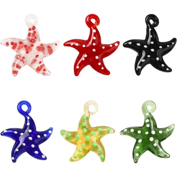 1 caja de 6 estilos de dijes de estrella de mar de cristal, dije de lampwork, dije de playa, mar, grande, lindo, azul, rojo, negro, dije de animal del océano