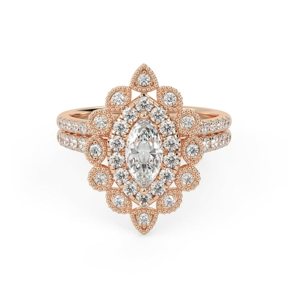 AFFY Marquise Frame Halo Beaded Bridal Set Ring for Women, Center 8X4mm Marquise and Round cut Lab Created Moissanite Engagement Wedding Ring in 10K Solid Rose Gold Size-10