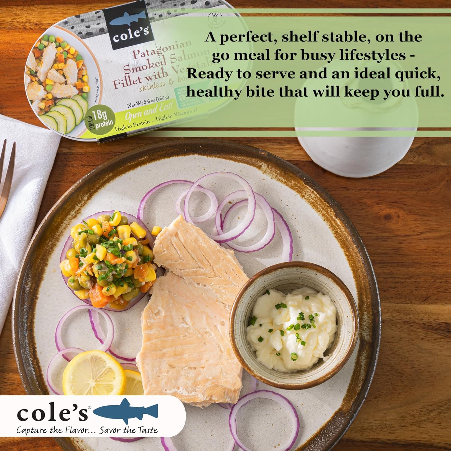 COLE´S PATAGONIAN SMOKED SALMON FILLET WITH VEGETABLES - OPEN & EAT MEAL (6 PACK)