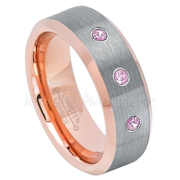 2-Tone Rose Gold Beveled Tungsten Ring - 0.21ctw Pink Tourmaline 3-stone Band - Personalized Tungsten Wedding Ring - Custom Made October Birthstone Ring TN742BS