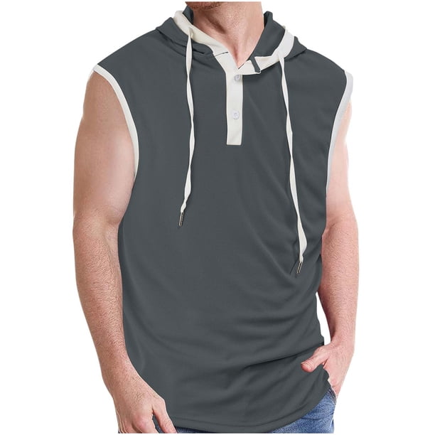 Top Abrigo de los Hombres de Color Sólido sin Mangas con Capucha, Diseño de Cordón de Botón Abrigo de Moda de Ocio