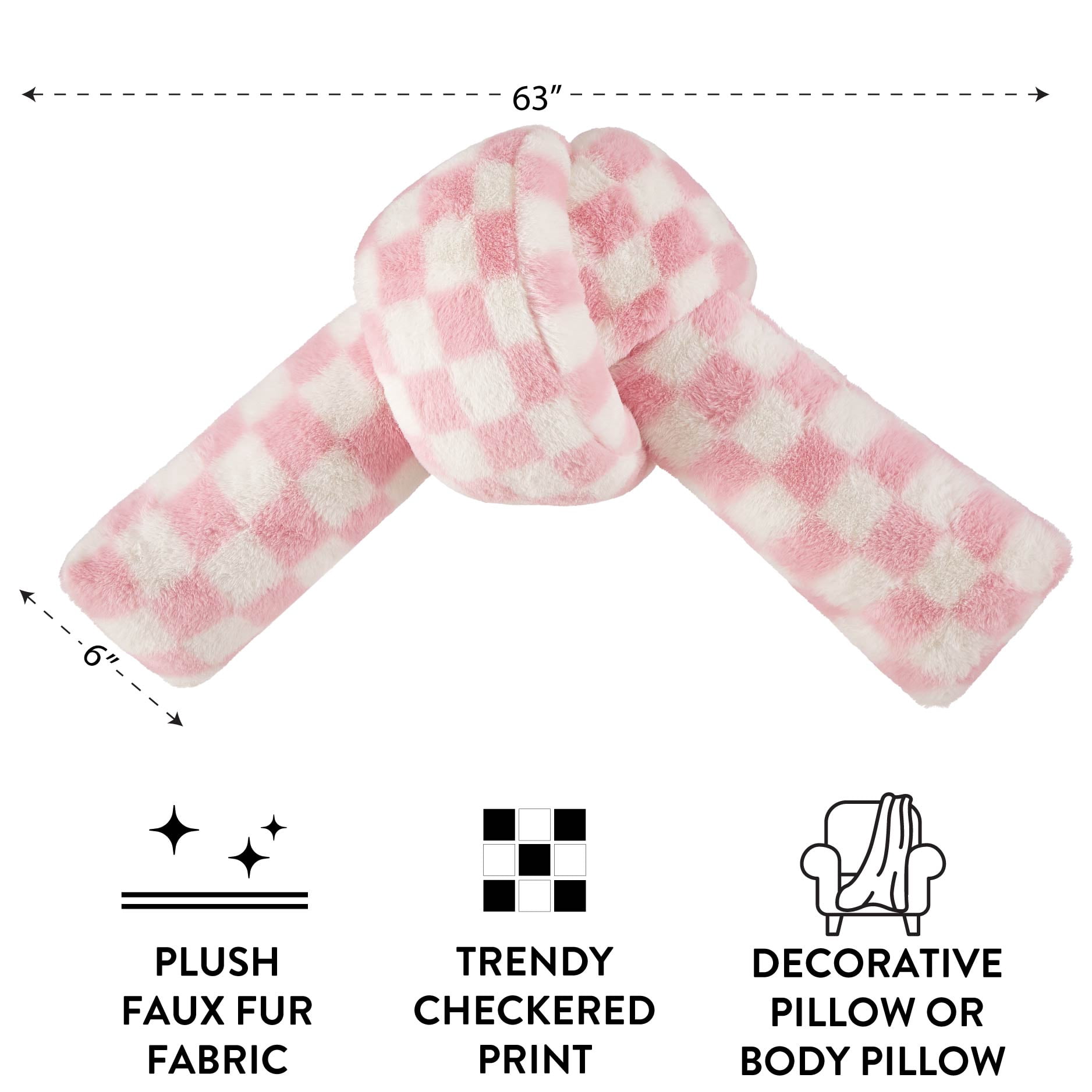 Mainstays Pink Checkered Knot Faux Fur Body Pillow, 22" L x 11" W