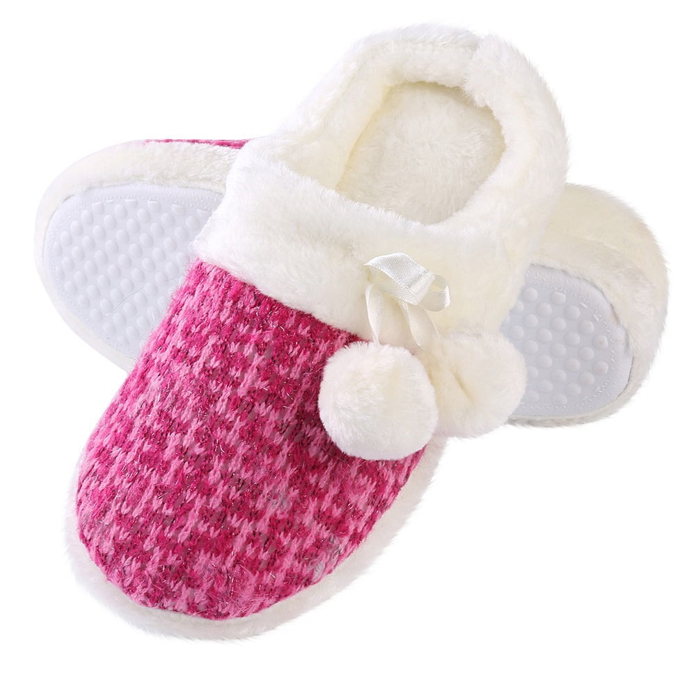 Women’s Size 8 Cozy Plush Fleece-Lined House Slippers, Pink Closed Toe Slip-On Indoor Bedroom Slippers with Pom-Pom Accent