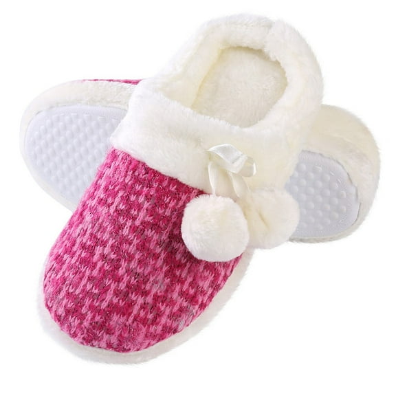 Women’s Pearly Pom Indoor Slip-On Slippers – Plush Knit Cozy House Shoes with Non-Slip Sole