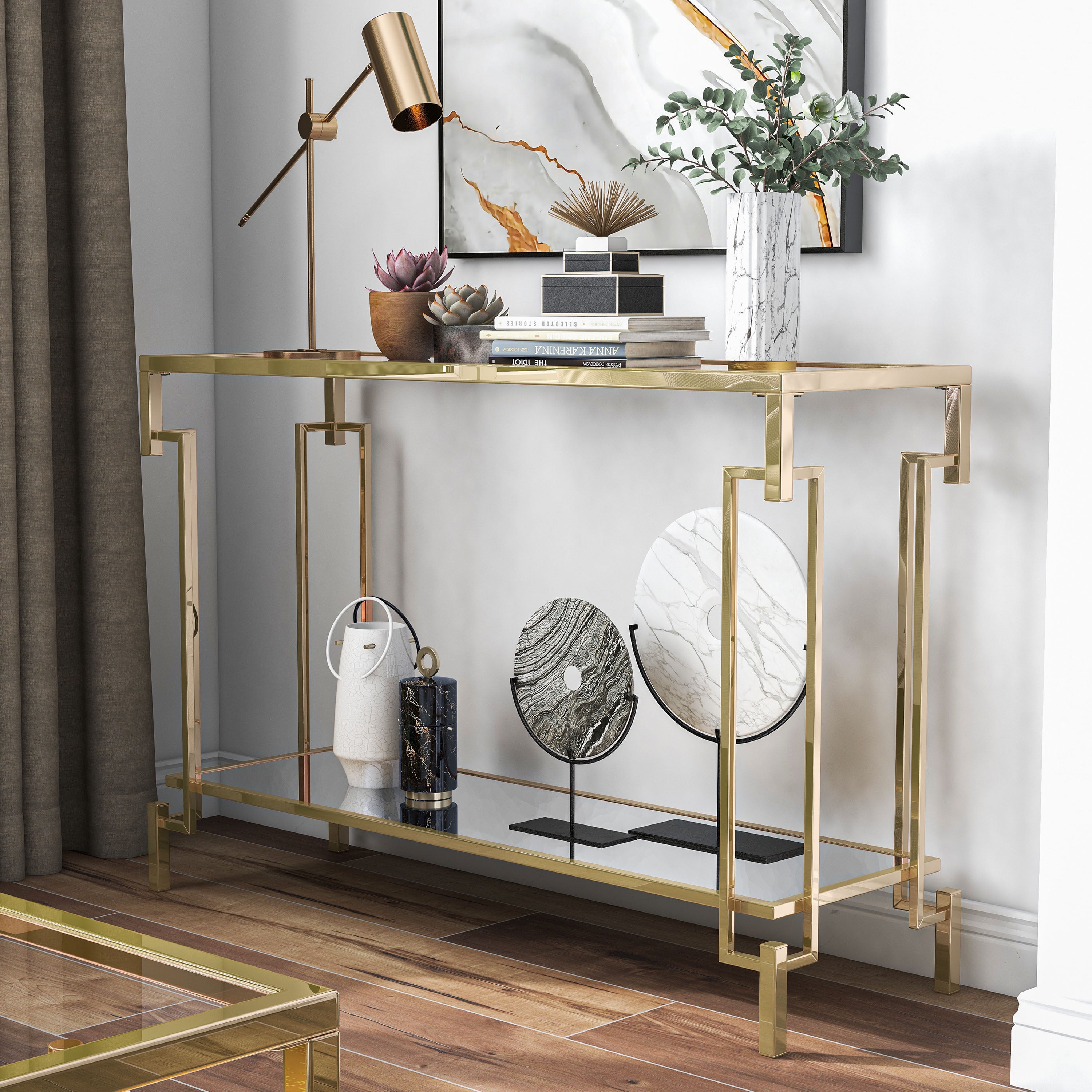 Furniture of America Triste 1-Shelf Glass Top and Metal Champagne Sofa Table