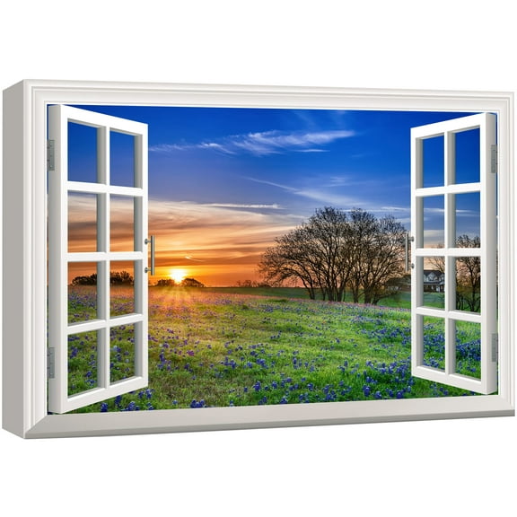 wall26 Canvas Print Wall Art Window View to Sunrise Over Flower Field Nature Wilderness Photography Realism Rustic Landscape Colorful Multicolor Ultra for Living Room, Bedroom, Office - 24"x36&q