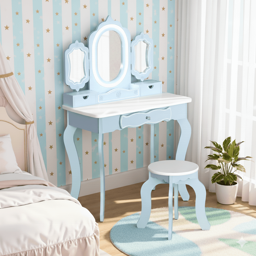 BRINJOY Kids Vanity Set with 2-in-1 Wooden Makeup Table and Stool Table Set, Blue