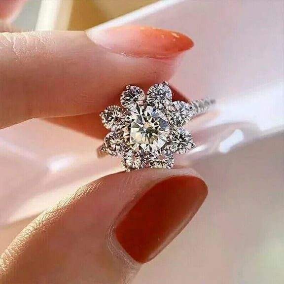 3Ct Round Simulated Diamond Sun Flower Engagement Women's Ring 14K White Gold Plated