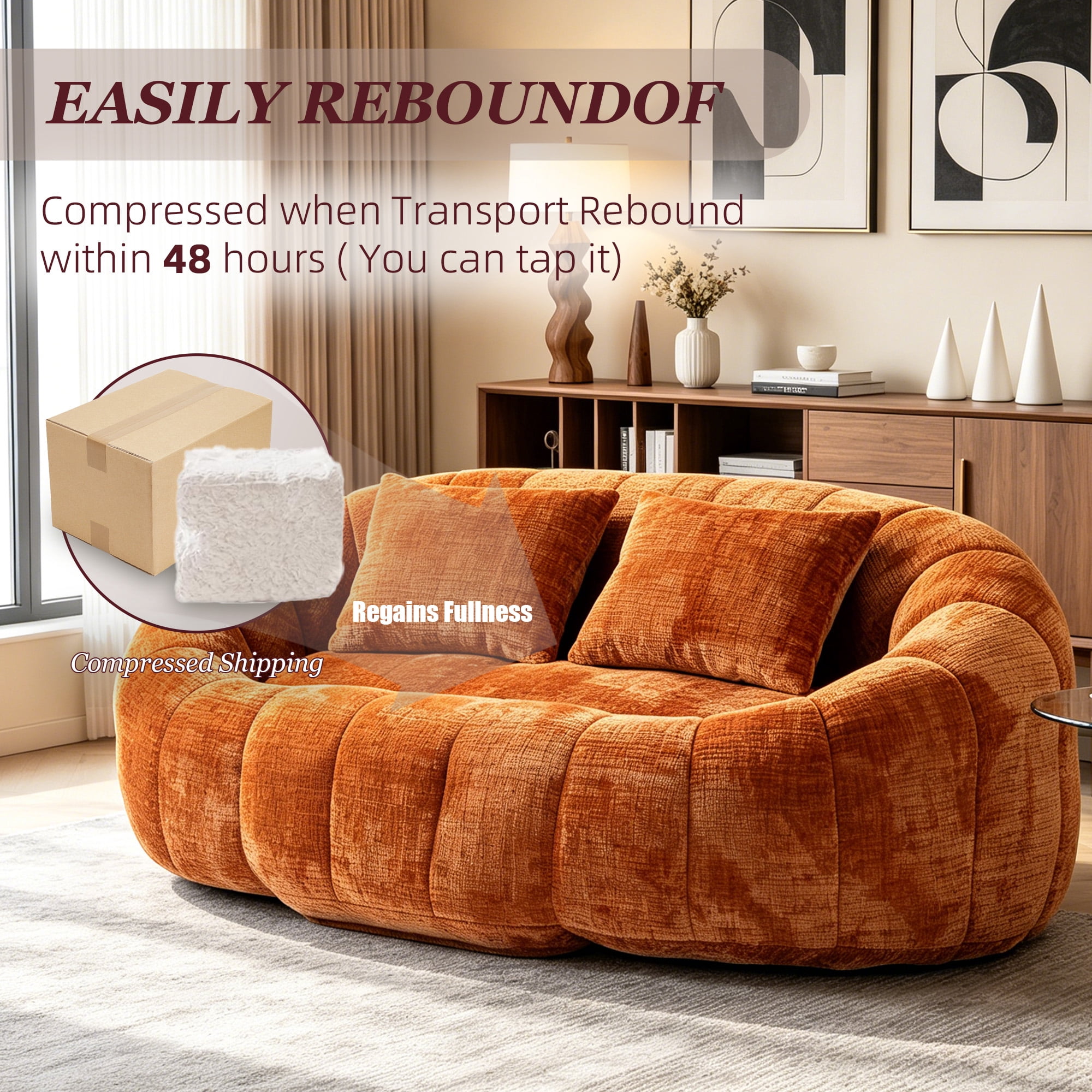 MOONMISS Large 59'' Bean Bag Chair for Adults,Chenille Shell-Shaped Couch with Two Pillows,Oversized Single Sofa,Orange