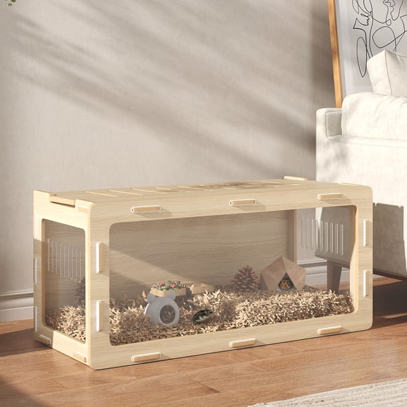 PawHut Hamster Cage, Small Animal Cage with Easy View Acrylic Panels, Air Vents & Openable Roof for Dwarf, Gerbil, Guinea Pig, 39" x 20" x 18.5", Oak