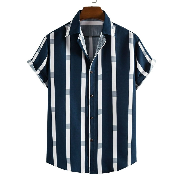 VSSSJ Button Down Shirt for Men Hawaiian Style Big and Tall Striped Print  Collared Casual Short Sleeve Tees Comfortable Vacation Fast Drying Top  Blouse Navy XS 