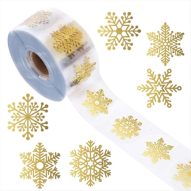 Rollo de 2500 Pegatinas Navideñas de Copos de Nieve Dorados - Etiquetas Adhesivas Redondas Transparentes para Decoración Navideña