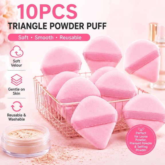 10PCS Triangle Powder Puff for Face Makeup, Soft Velour Powder Puffs for Loose Powder, Setting Powder & Pressed Powder, Reusable Makeup Applicator with Finger Strap, Pink