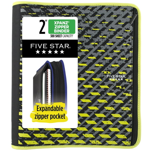 Five Star Faded & Fragmented 2" Zipper Binder, Fabric, 380 Sheet Capacity, Round Rings, Sport Lime