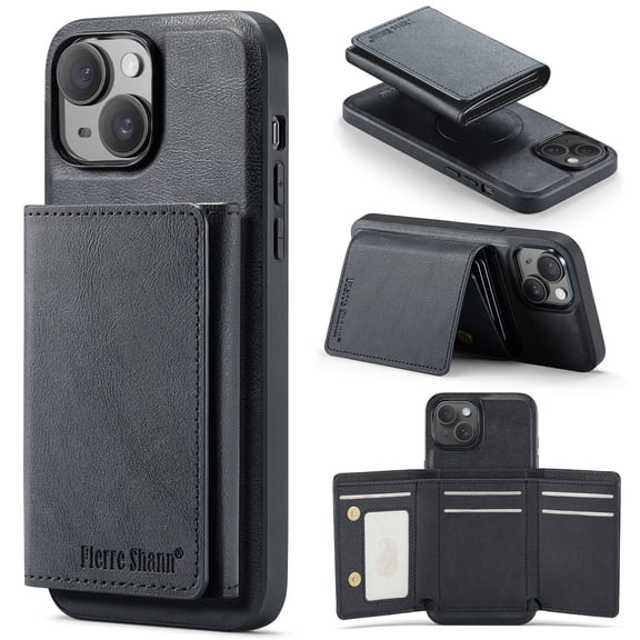 PU Leather Wallet Case for iPhone 14, Tri-Fold Detachable Magnetic Card Bag, RFID Blocking Kickstand Magnetic Closure Classic Business Drop Protection Cover for iPhone 14, Black