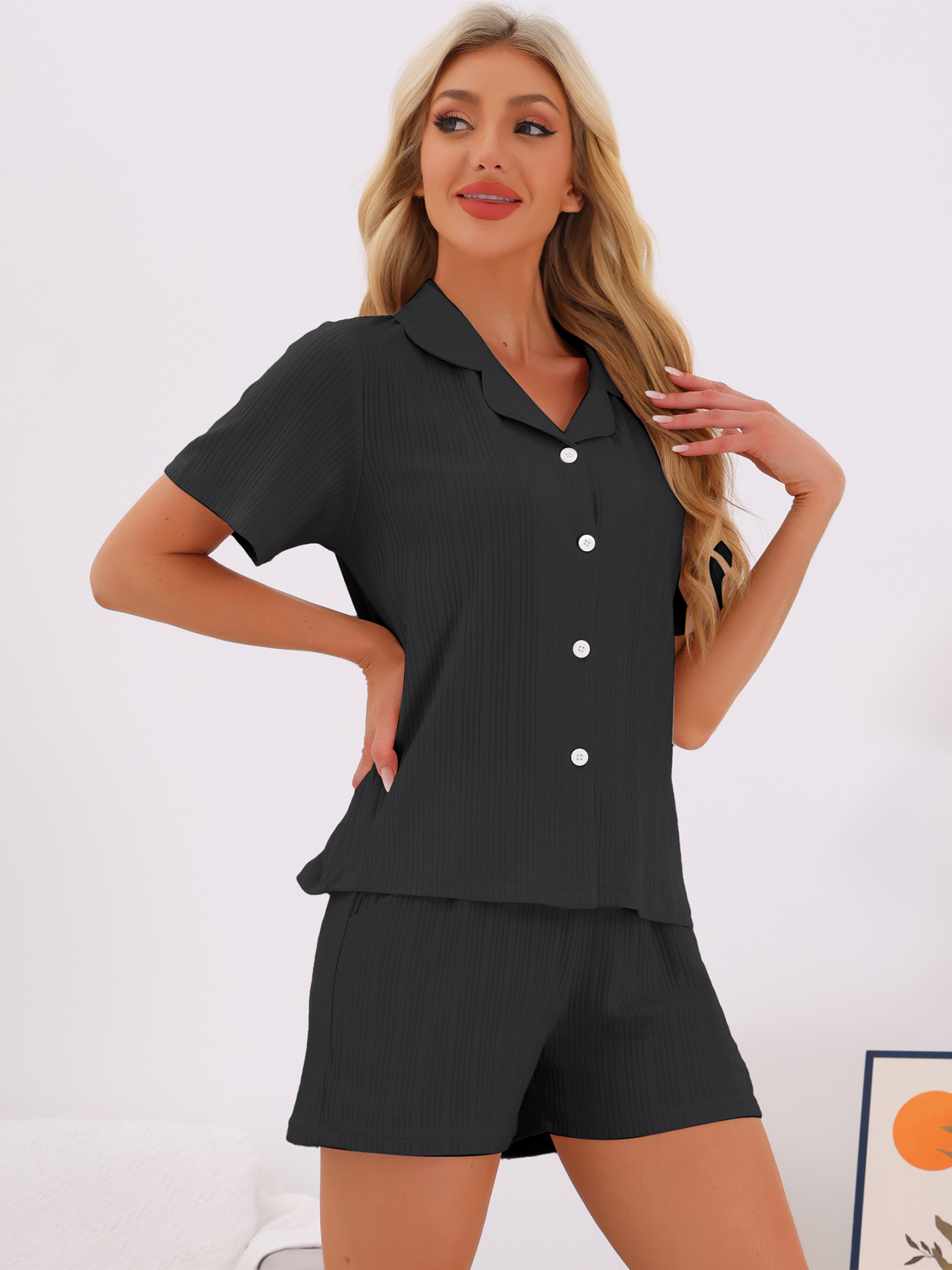 DARING DIVA Pajamas Set 100% Cotton Button Down Notch Collar Sleepwear S Black