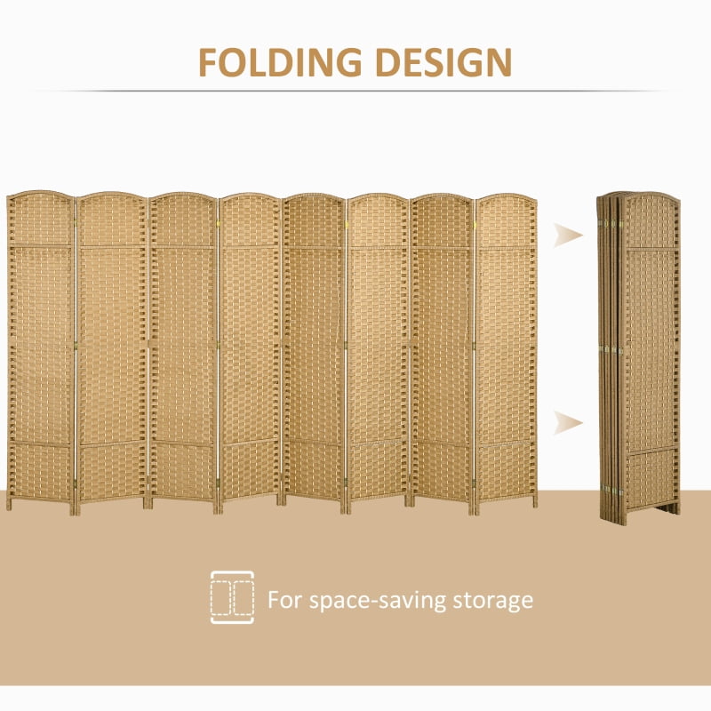 Alvantor 8-Panel Folding Privacy Screen with Hand-Woven PP Panels, Freestanding Room Divider 126"x66.9" Nature Wood