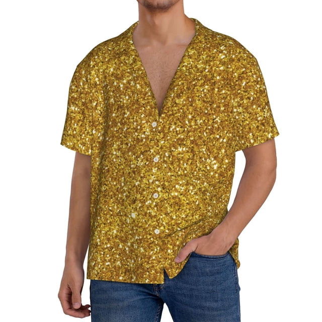 Balery Gold Glitter Camisa Casual de Manga Corta con Botones para Hombre, Texturizada, Estilo Cubano, para Playa, Verano-Medium