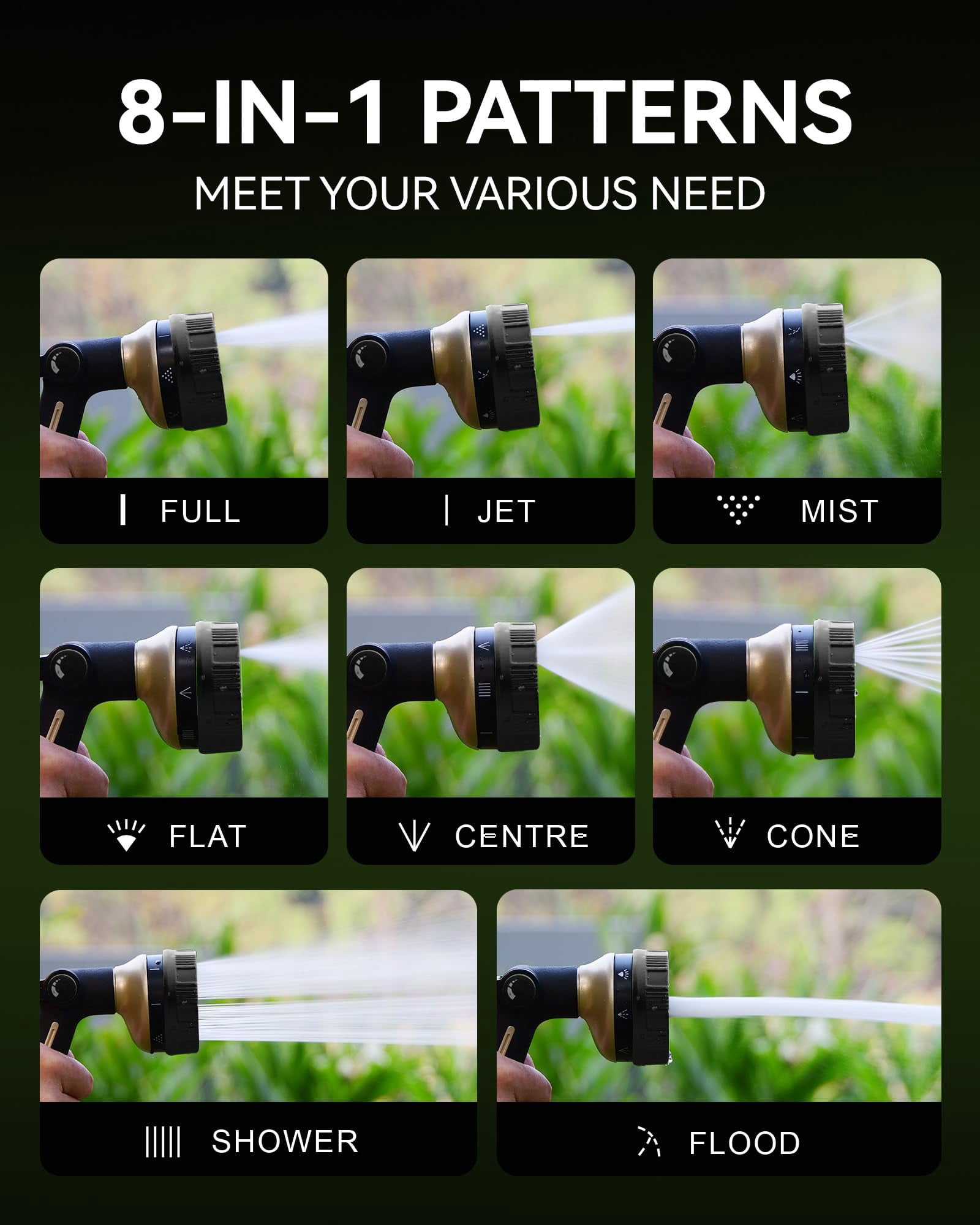 Heavy Duty Garden Hose Nozzle ,8 Spray Patterns with Adjustable Flow Control, Thumb Trigger, for Watering Plants, Washing Cars & Pets