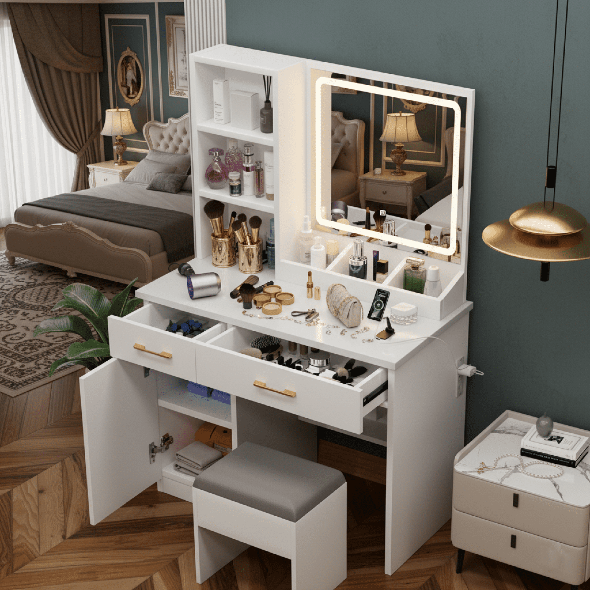 32" White Vanity Desk Set with Mirror and Lights, Makeup Table Dressing Table with with Large Storage Space and Cushioned Stool for Bedroom
