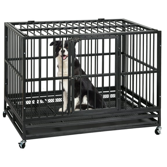 47in Heavy Duty Dog Crate, Large Dog Crate with Wheels Sturdy Locks, High Anxiety Indestructible Dog Cage, Double Door and Removable Tray, for All Large Pets
