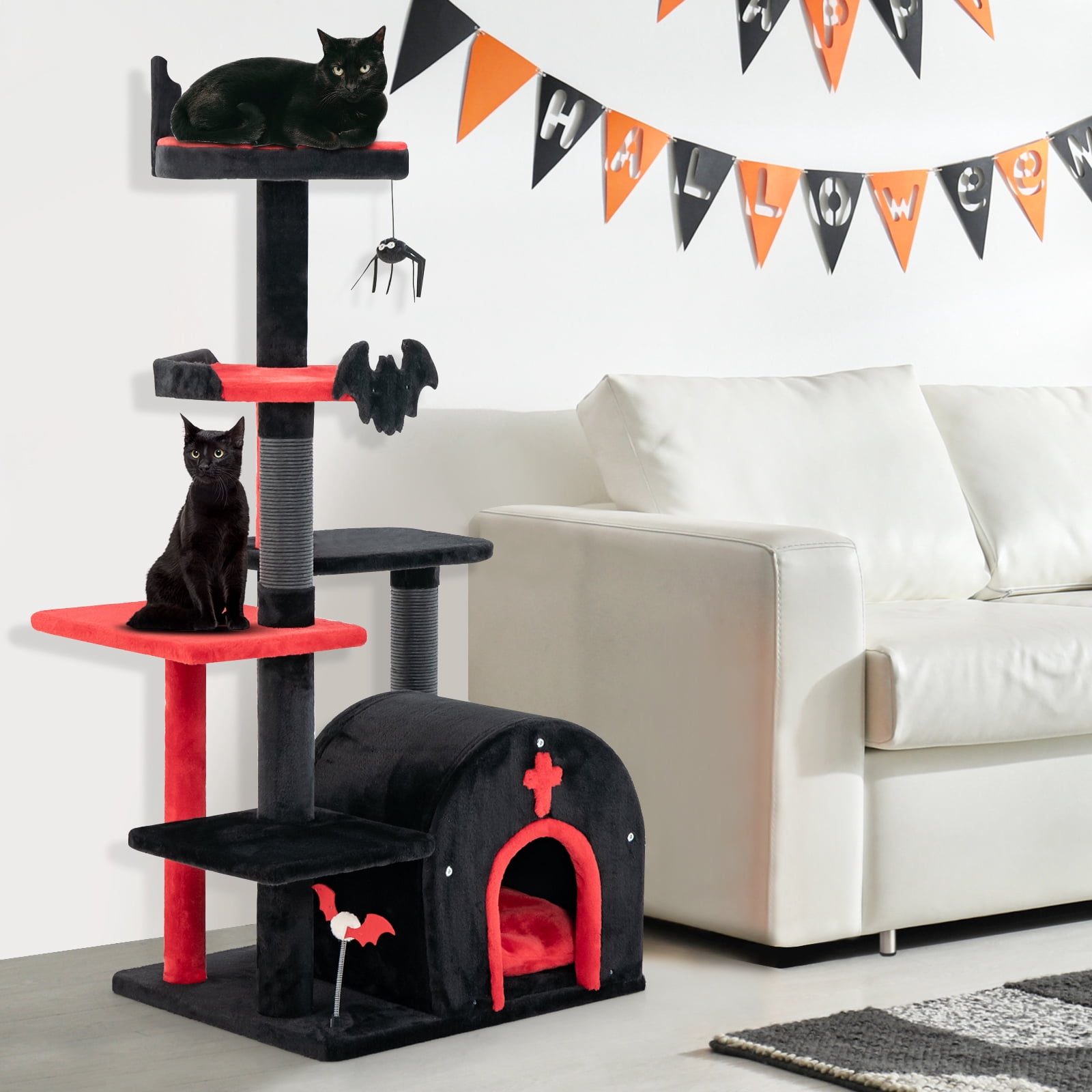 Infans 6-Tier Gothic Cat Tree 53” Tall Cat Tower w/ Cat Bed Arch-Shaped Condo Pompom