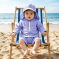 thumbnail image 2 of Rggeeun Child Boys Swimsuit Set 3Pc Cute Striped Pattern Long Sleeve Crew Neck Front Zipper Top & Elastic Waist Swim Trunks with Hat for Summer Pool Training Classic Swim Wear,Purple,6-12 Months, 2 of 8
