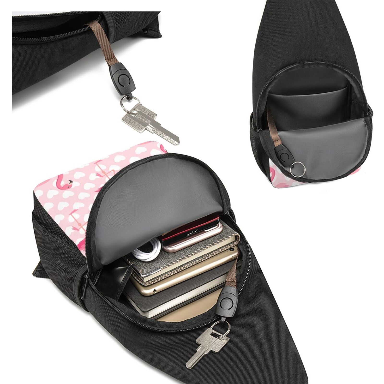 Xecao's Cute Flamingo with Heart Print Sling Bag: A Versatile Chest, Shoulder, and Crossbody Backpack for Casual Days Out, Perfect for Both Men and Women