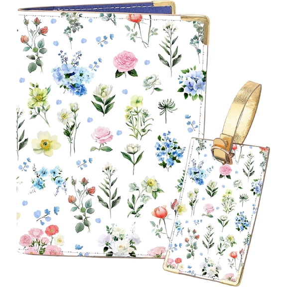 Passport Holder Luggage Tag Pink Floral Passport Cover Colorful Wildflowers Print Leather Wallet Book Case Organizer Cards Protector