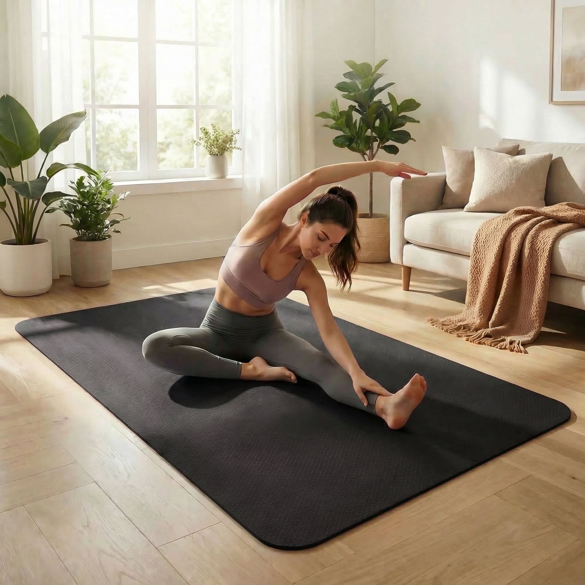 FrenzyBird Large Yoga Mat 6'x4' (72"x48") 183x122cm, 1/4" Thick TPE Non-Slip Extra Wide Exercise Mat, Big Home Workout Mat for Yoga, Pilates, Gym & Floor Workouts for Women & Men（6mm Black）