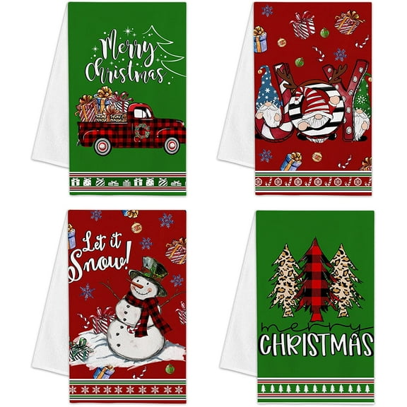 JOOCAR Christmas Kitchen Towel, 27.5x16 Inch Christmas Decoration, Red Green Buffalo Plaid Snowman Christmas Gnome Truck Towel for Home Kitchen Holiday Decor Housewarming Gift Towel Set of 4