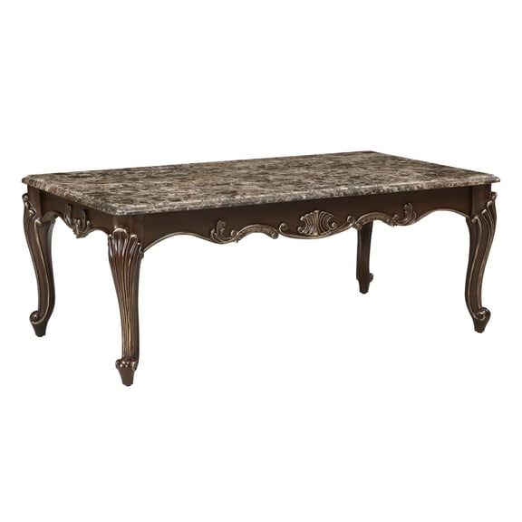 Miekor Furniture Formal Traditional Luxury 1pc Marble Top Cocktail Table Cherry Finish with Gold Tipping Living Room Furniture 86038