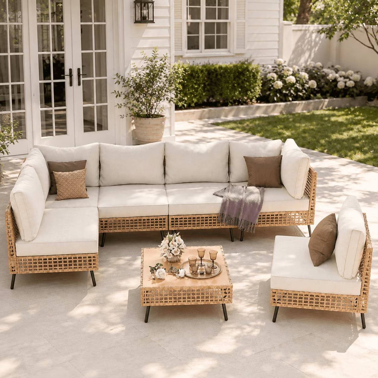 LAUSAINT HOME 7-Piece Outdoor Wicker Patio Furniture Set, Sectional Sofa Conversation Set with Cushions, Beige