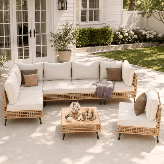 LAUSAINT HOME 7-Piece Outdoor Wicker Patio Furniture Set, Sectional Sofa Conversation Set with Cushions, Beige