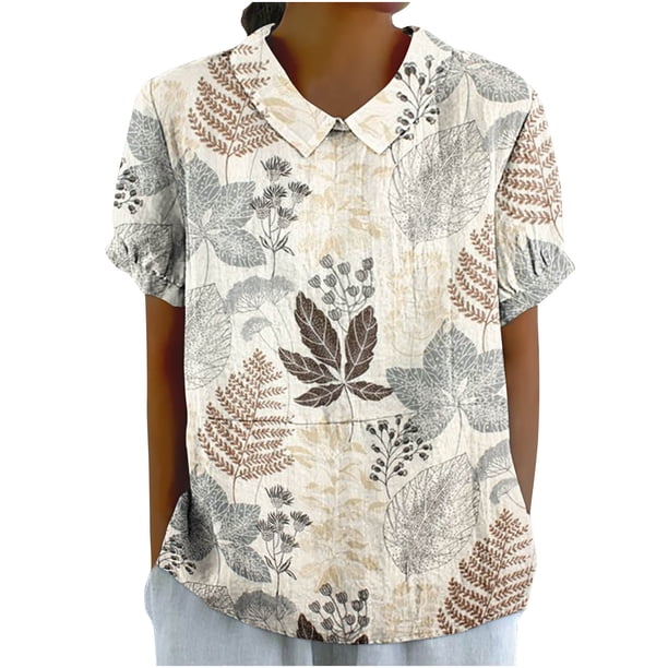 Blusas de Manga Corta para las Mujeres Cuello de Muñeca Lindo Lino Algodón, Impreso Suelto Camiseta para el Uso Casual, Diario Y de Verano