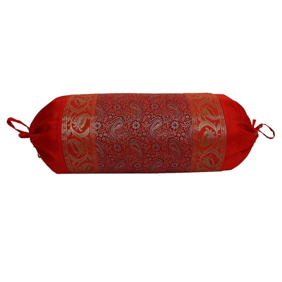 Stylo Culture Ethnic Polydupion Cylindrical Yoga Bolster Pillow Cover Red Jacquard Brocade Border Paisley Large Sofa Round Cylinder Cushion Cover (1 Pc) | 30x15 Inches (76x38 cm)