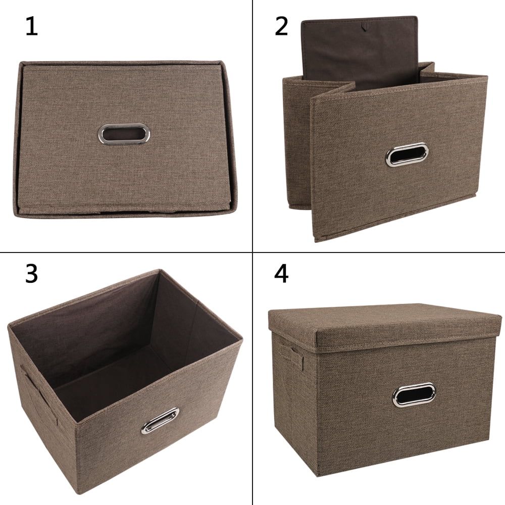 Collapsible Fabric Storage Bin With Handle Lid Foldable Box Linen Large Container Organizer For Home Clothes Storage, Coffee