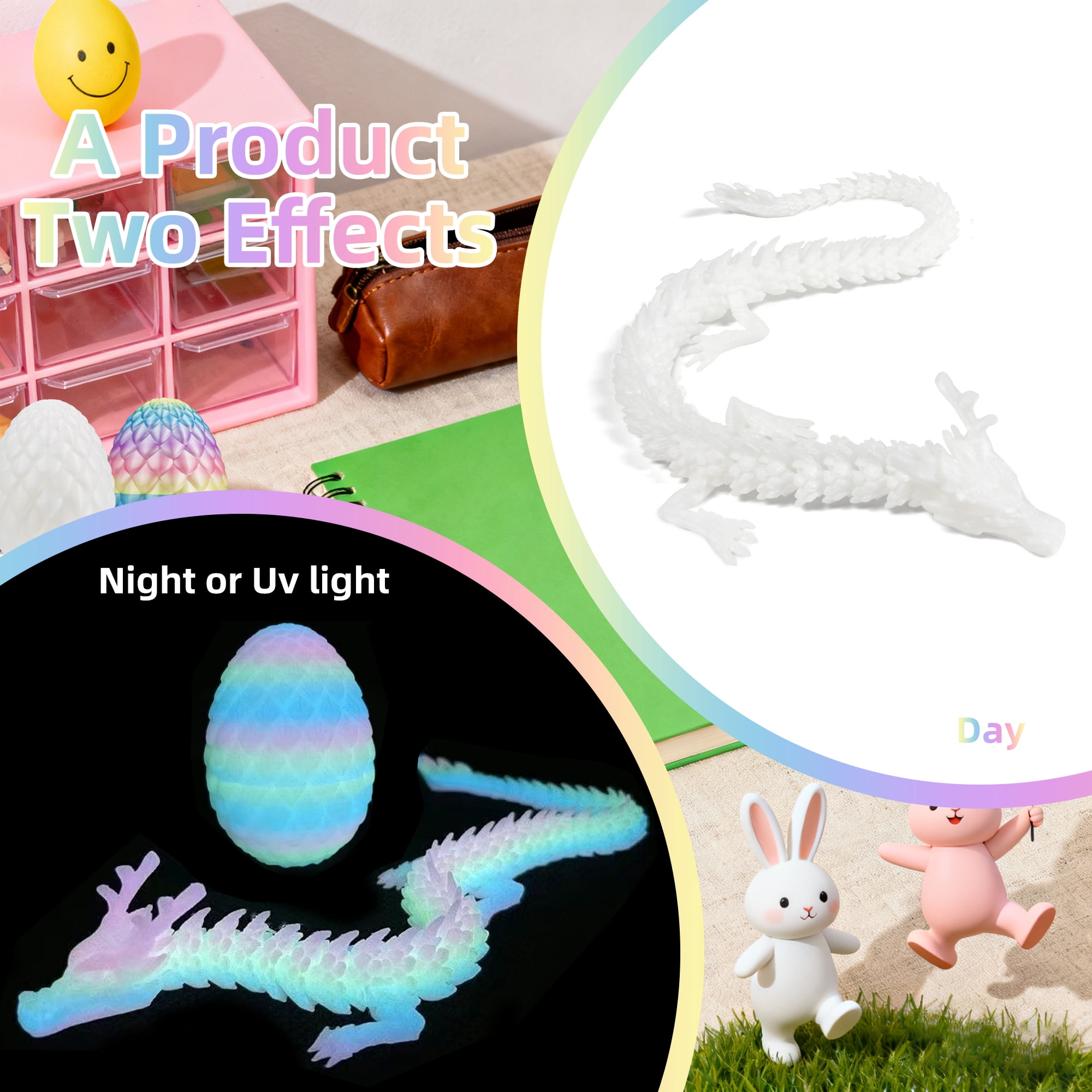 Dragon Articulé & Œuf Imprimé 3D Fluorescent - Décoration Fantastique Et Fidget Toy, Fabriqué En France