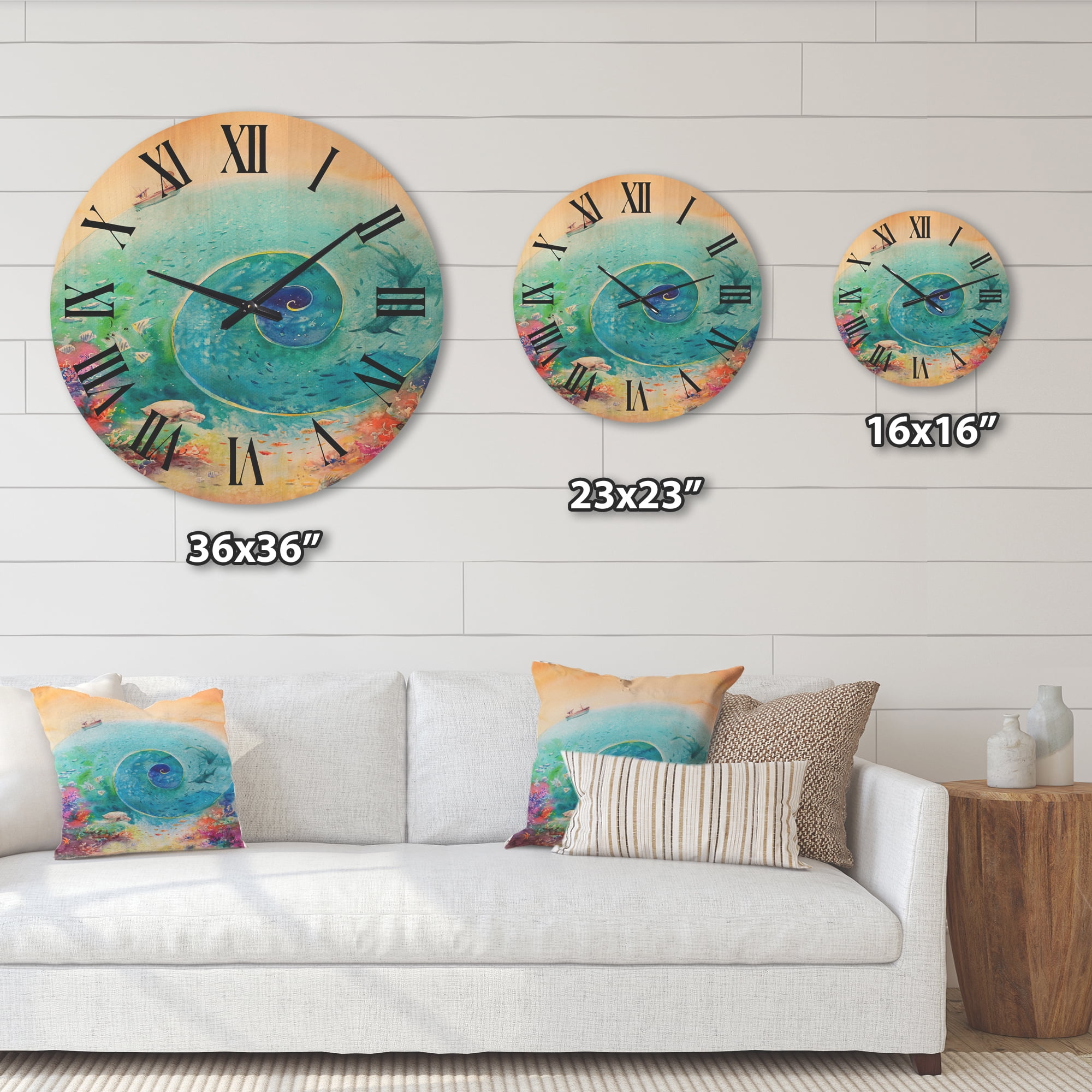 Designart 'Coral Reef Fishes With Turquoise Ocean Spiral' Nautical & Coastal Wood Wall Clock