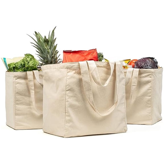 USIONE 3 Pack XL Canvas Grocery Bags with Real Pockets, Heavy Duty Reusable Shopping Bags with Long Shoulder Strap & Short Handle, Foldable Washable Tote Bags