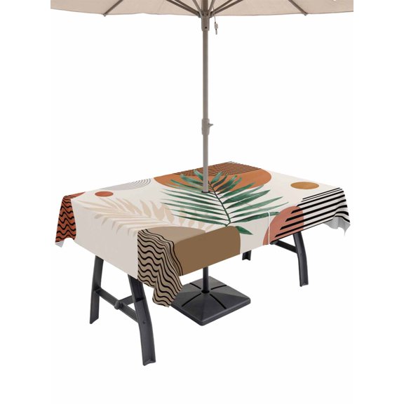 Boho Outdoor Tablecloth with Umbrella Hole, Modern Abstract Art Leaves Cycle Stripes Geometric Waterproof Outdoor Table Cover, Patio Tablecloths for Party Picnic Camping, Rectangle 60"x84"