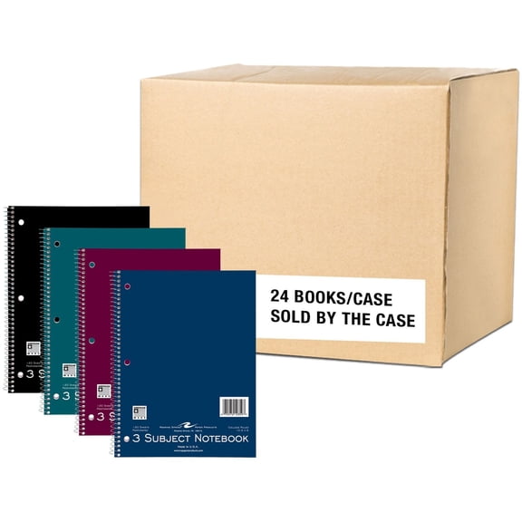 Roaring Spring College Ruled Three Subject Spiral Notebook, 3 Hole Punched, 1 Case (24 Total), 10.5" x 8" 120 Sheets, Assorted Jewel Tone Colors