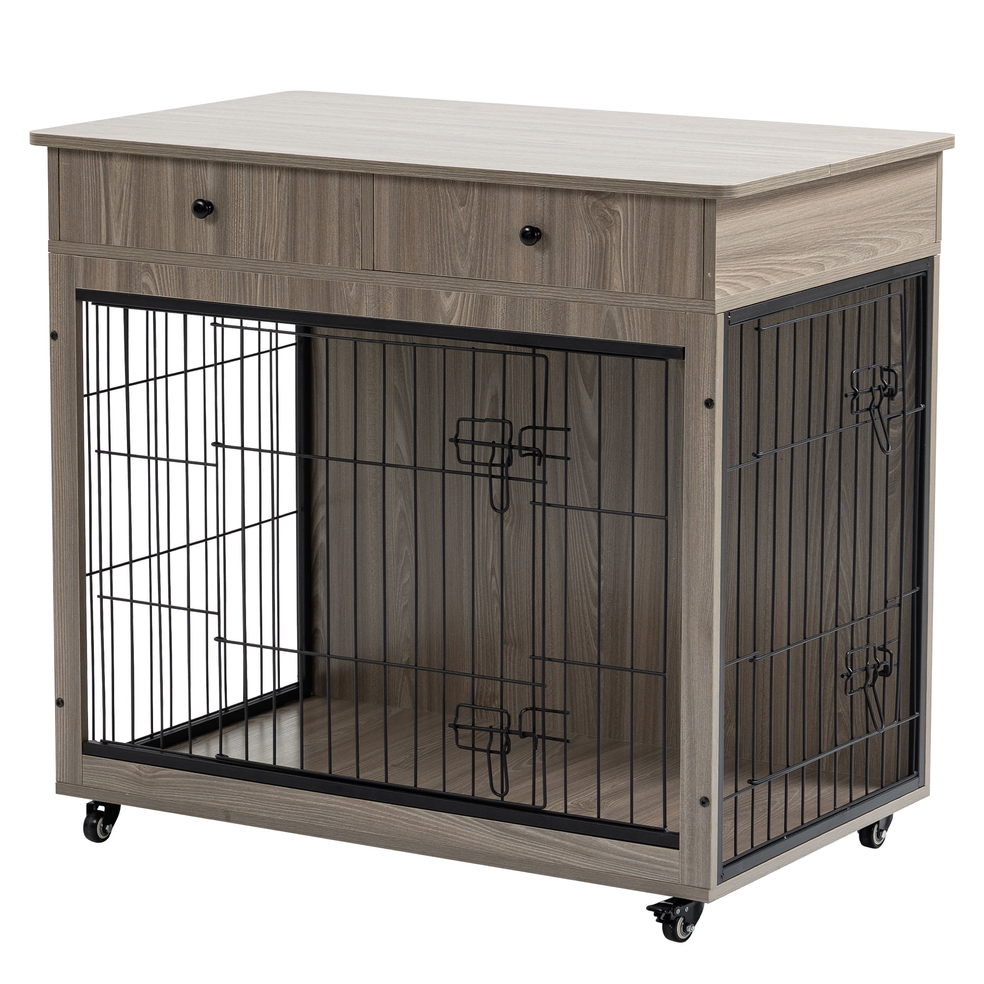 Pefilos 31" Wooden Dog Crate Furniture with 2 Drawers Storage, Indoor Dog Kennel, Heavy Duty Dog Cage for Small, Gray Pefilos 31" Wooden Dog Crate Furniture with 2 Drawers Storage, Indoor Dog Kennel, Heavy Duty Dog Cage for Small, Gray